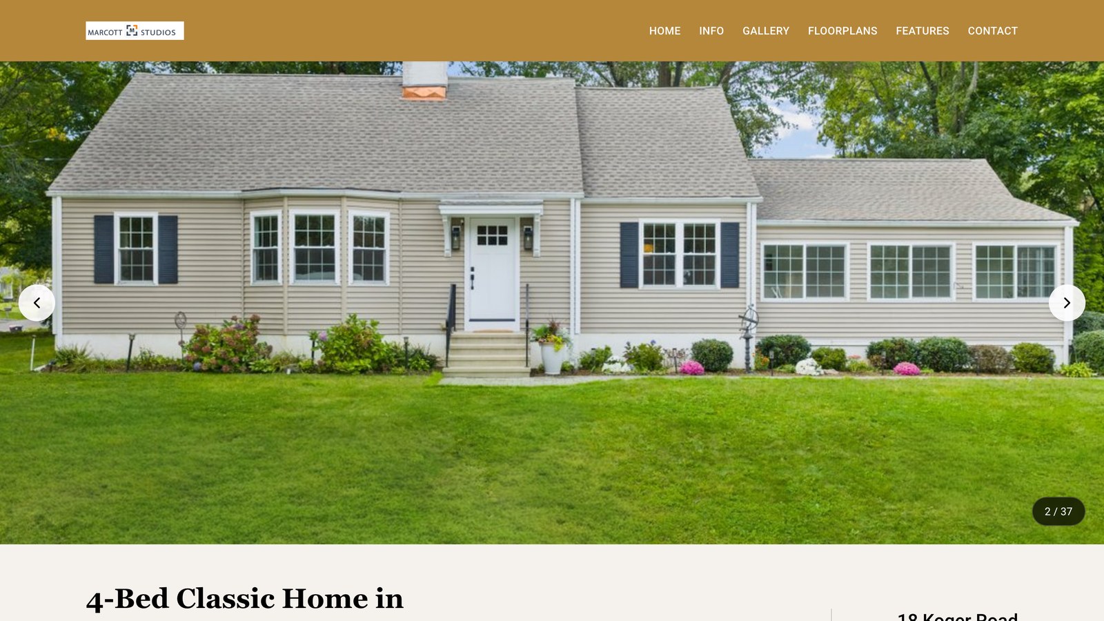 Branded gallery website with the studio logo and navigation above the property hero photo
