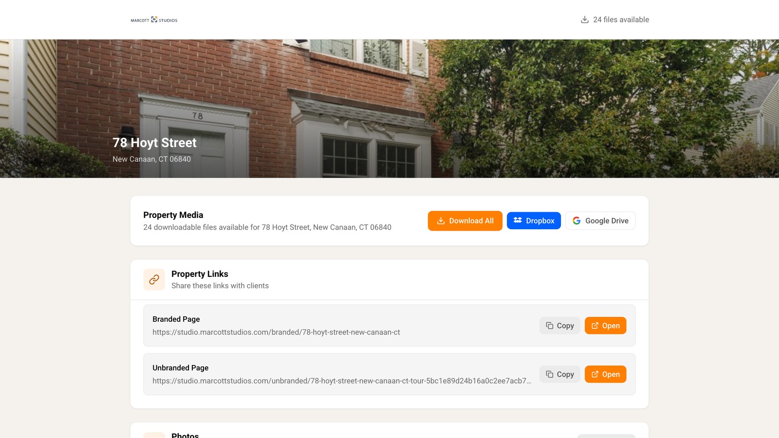 Download page with Download All, Dropbox and Google Drive buttons and the branded and unbranded links