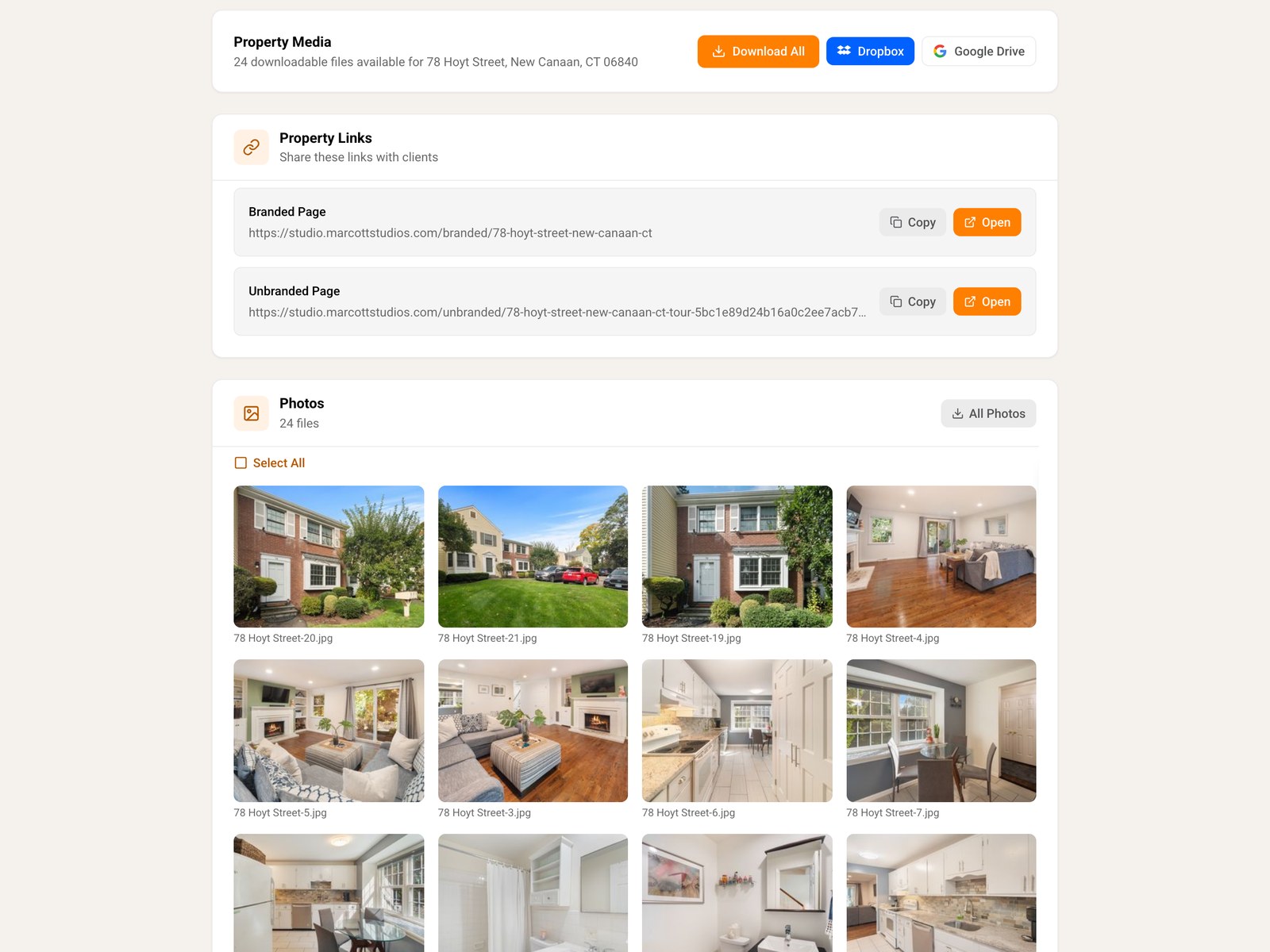 LOTULIS download page with Download All, Dropbox and Google Drive buttons, the branded and unbranded links, and the photo grid